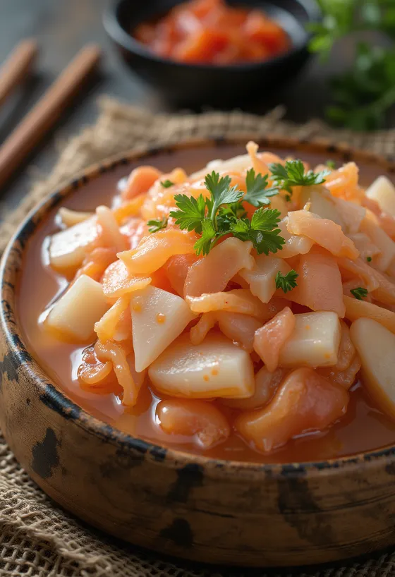 Nabak kimchi, kimchi aguado levemente picante com vegetais frescos e flocos de chili