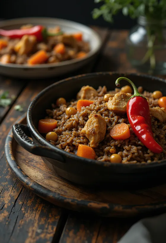 Pelau com pimenta, servido ao lado de arroz de coco rico e vegetais frescos