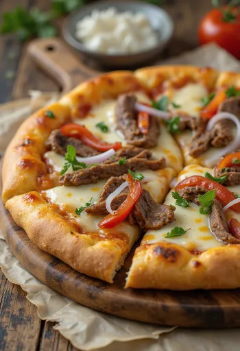 Pizza Philly cheesesteak com tiras de carne e pimentão