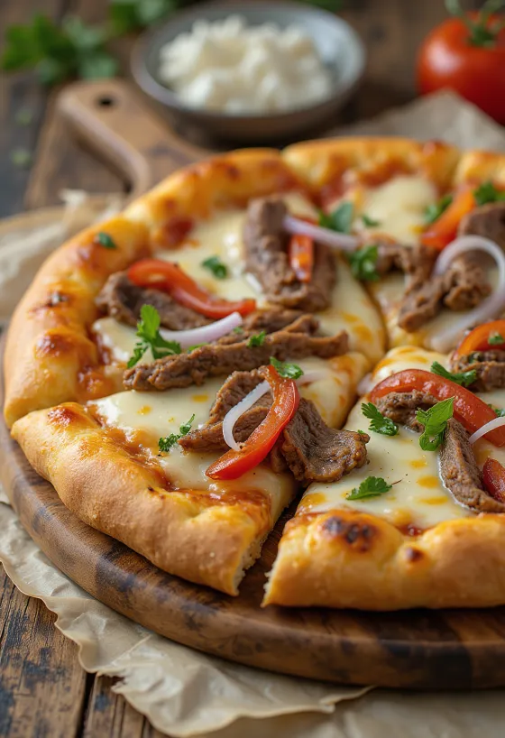 Pizza Philly cheesesteak com tiras de carne e pimentão