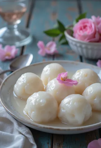 Rasgulla de água de rosas, bolas de queijo flutuando em calda de água de rosas