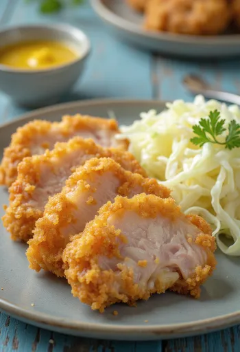 Tigela de Tonkatsu com mostarda servido com coxas de peru e repolho fresco
