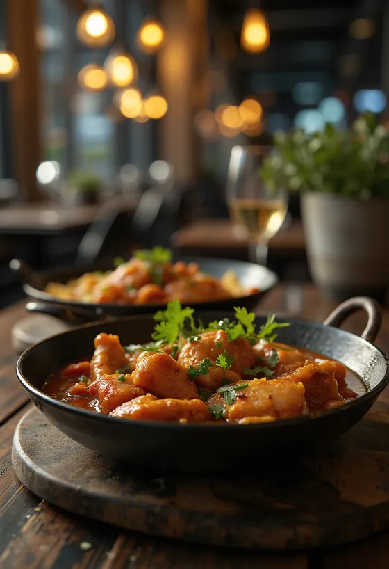 Frango Adobo com especiarias Tandoori servido com coentro fresco
