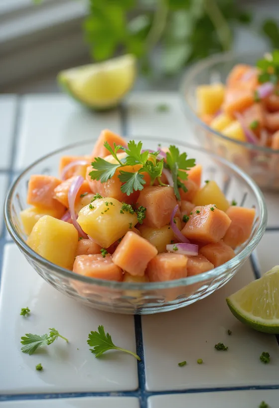 Lomi salmon com abacaxi, vegetais frescos e sabores picantes