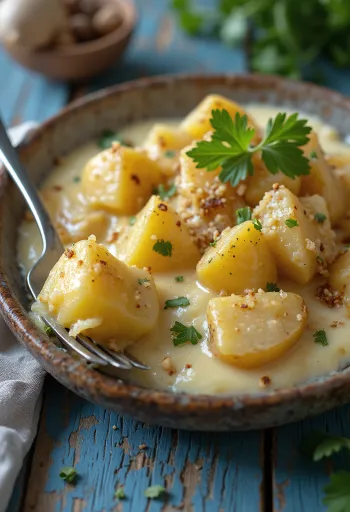 Papas chorreadas com leite de coco, servidas com batatas cremosas e coentro fresco