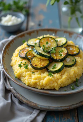 Polenta com abobrinha assada, base cremosa servida com rodelas de legume crocante