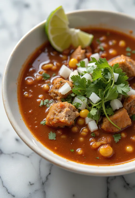 Pozole com chile guajillo servido com fatias de limão e coentro