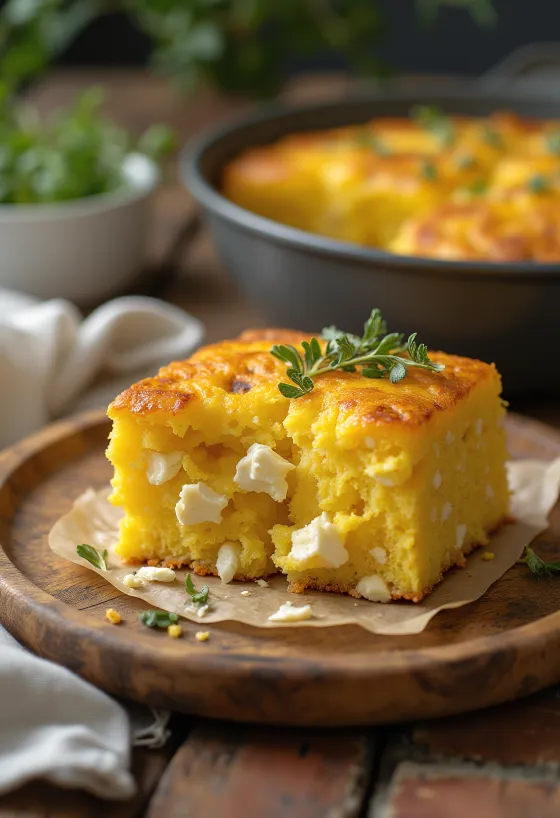 Proja (bolo de milho salgado) decorada com queijo feta e salsinha