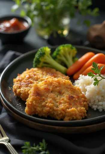 Tonkatsu com Legumes, servido com coxa de peru e legumes no vapor