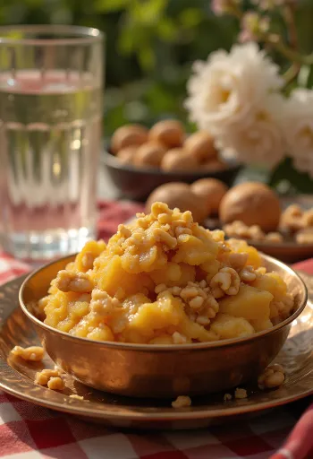 Aate ka Halwa com sabores ricos de especiarias, nozes tostadas e água de rosas.