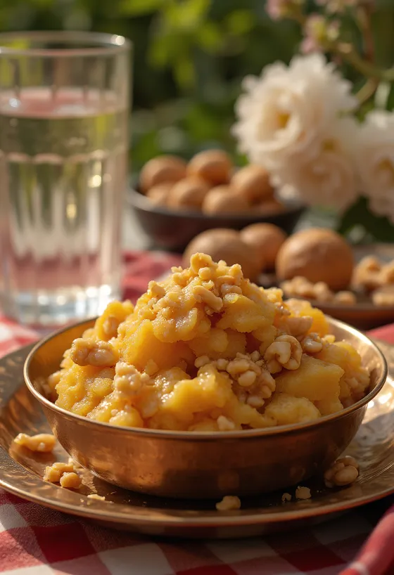 Aate ka Halwa com sabores ricos de especiarias, nozes tostadas e água de rosas.