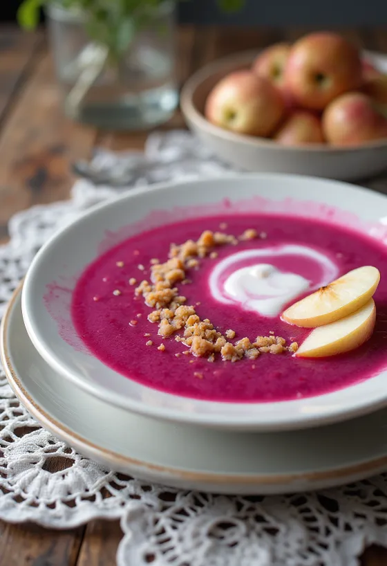 Sopa creme de beterraba com maçã servida