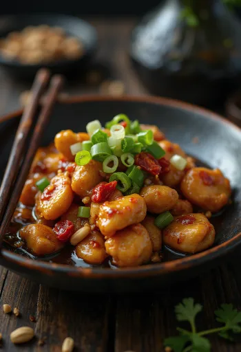 Frango estilo Sichuan servido com arroz