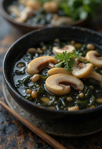 Miyeokguk de cogumelos, sopa coreana rica e saborosa com cogumelos e algas marinhas.
