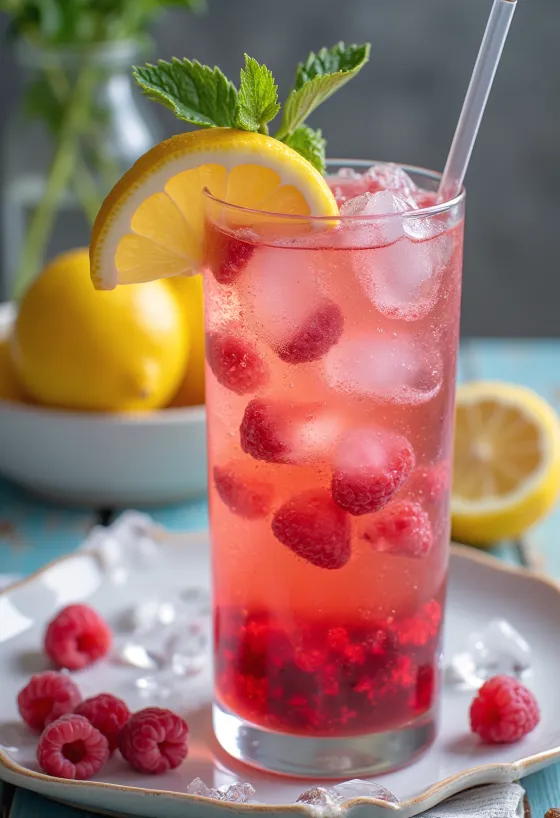 Limonada de framboesa com framboesas frescas e rodelas de limão