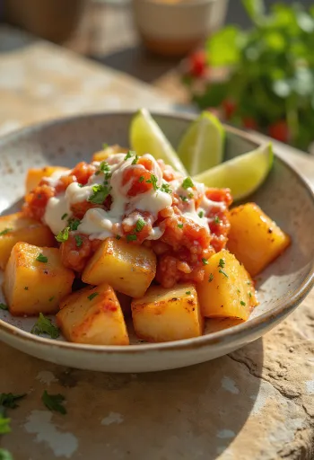 Papas chorreadas em versão vegana, com molho cremoso de leite de coco e coentro fresco