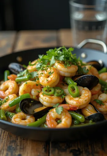 Bicol Express de frutos do mar, servido com coentro fresco e arroz