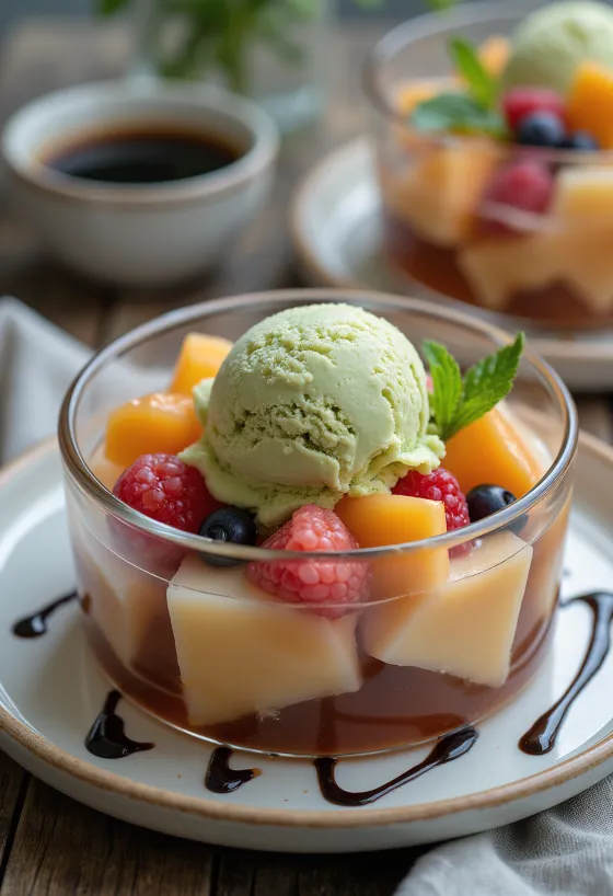 Anmitsu com frutas e sorvete de matcha, frutas frescas e xarope de chá verde