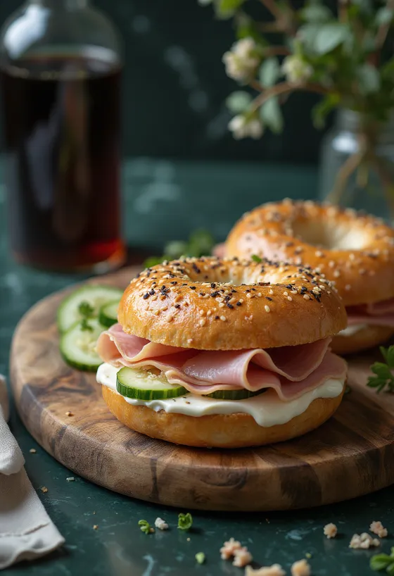 Bagel com presunto, cream cheese e pepino