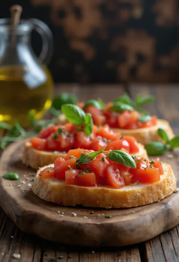 Bruschetta com tomate e manjericão servida em um prato rústico