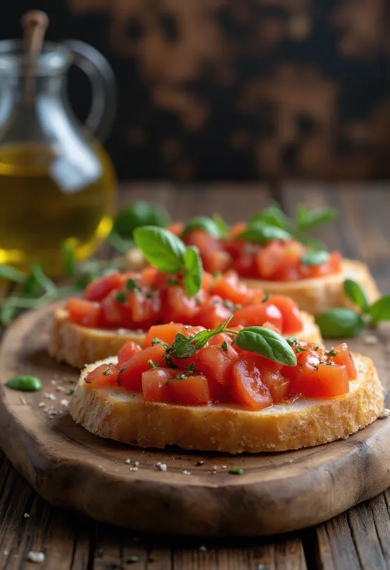 Bruschetta com tomate e manjericão servida em um prato rústico