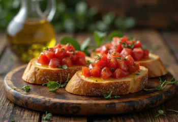 Bruschetta com tomate e manjericão servida em um prato rústico