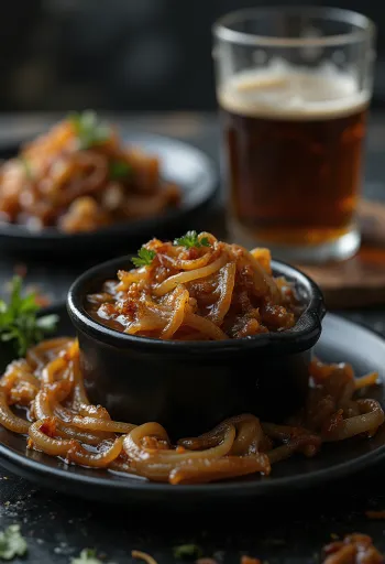 Molho barbecue de cerveja com cebola caramelizada servido