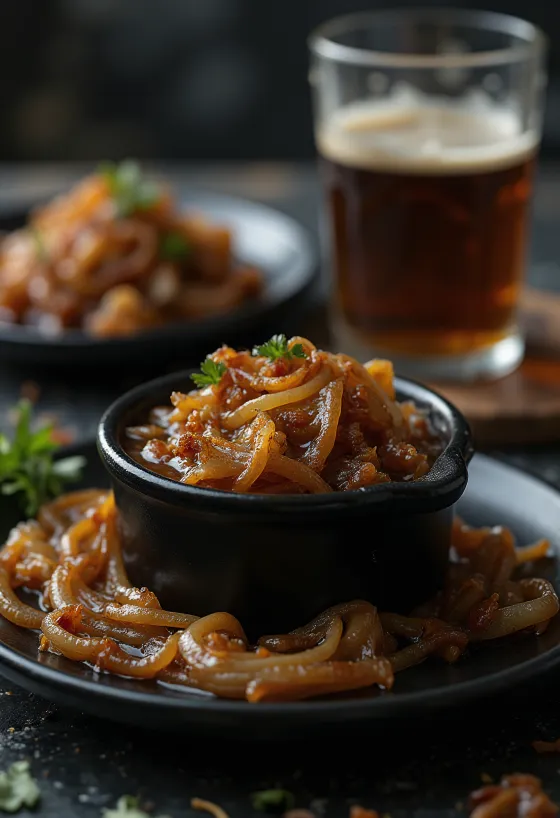 Molho barbecue de cerveja com cebola caramelizada servido