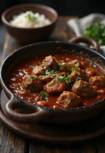 Rogan Josh de cordeiro, servido em molho condimentado