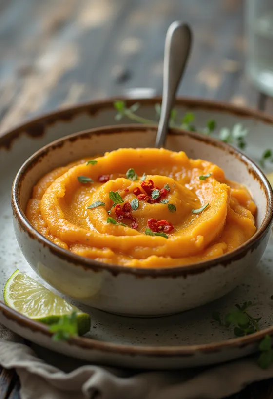 Purê de batata-doce assada com coentro servido