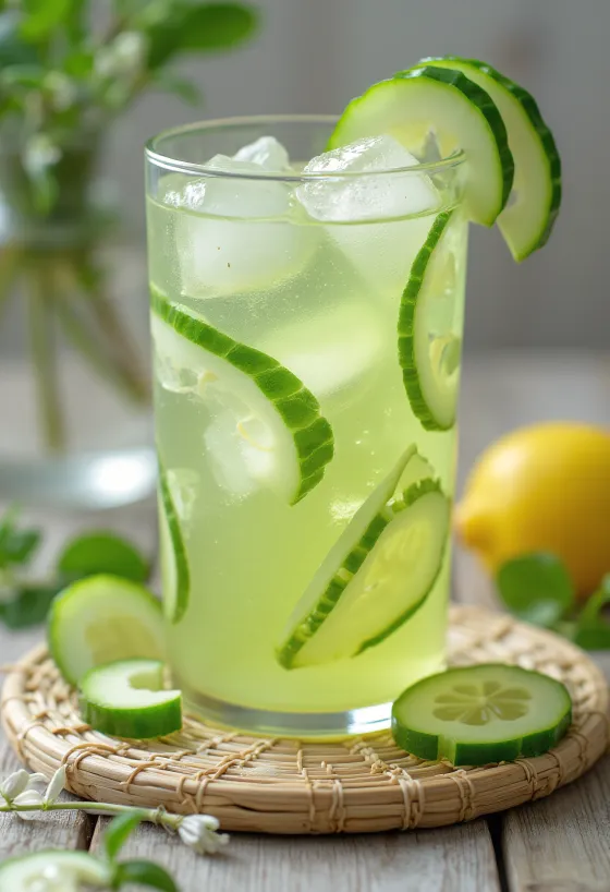 Limonada refrescante de pepino no copo com hortelã e gelo
