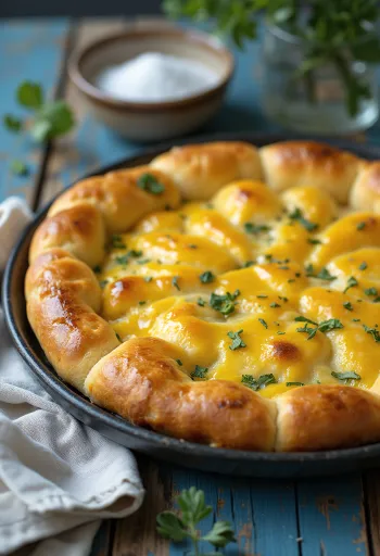 Focaccia de queijo defumado com mostarda servida em pedaços