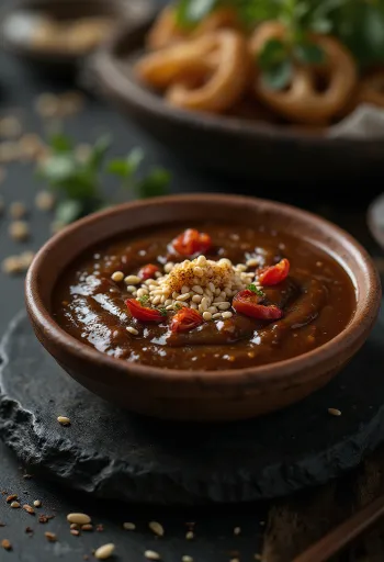 Molho de tamarindo servido com vegetais frescos