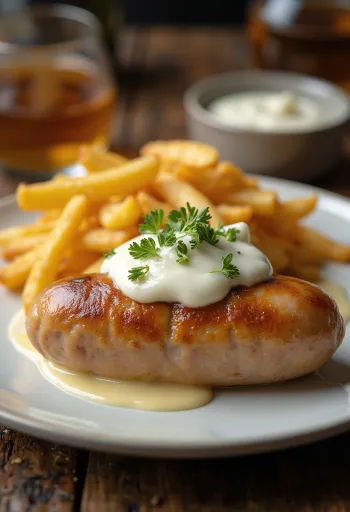 Linguiça Alheira servida com molho de alho, decorada com salsa fresca