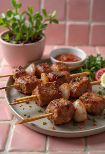 Anticucho grelhado com carne bovina, decorado com salsa