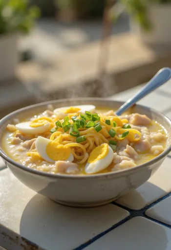 Arroz Caldo com gengibre, deliciosa canja de galinha servida com cebolinha fresca e ovo cozido