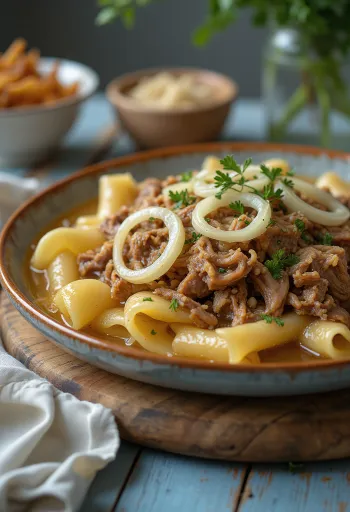 Beshbarmak com carne de cavalo, servido com salsinha fresca e cebolinha