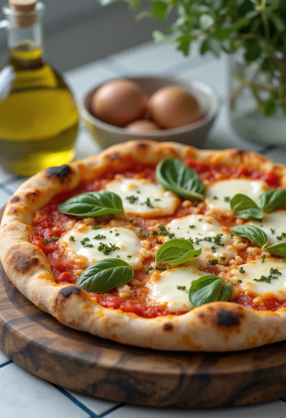 Pizza Margherita com manjericão extra servida