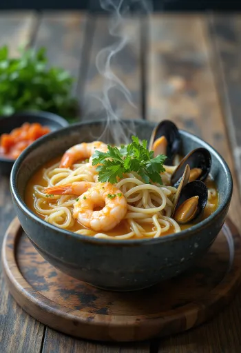 Haemul kalguksu, macarrão coreano com frutos do mar e caldo de soja