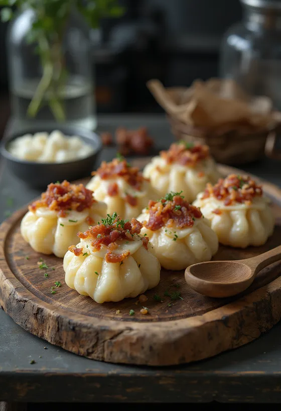 Sztrapacska com queijo de ovelha, creme e bacon frito.