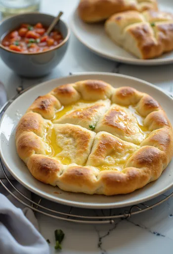 Pão Lepinja fresco regado com azeite, servido quente.