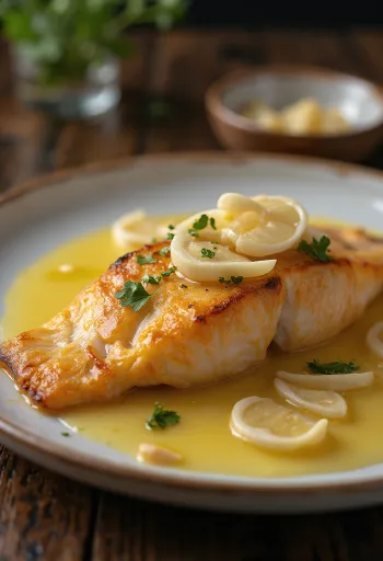 Peixe assado ao molho de alho servido no prato