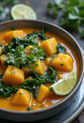 Curry de abóbora com espinafre servido