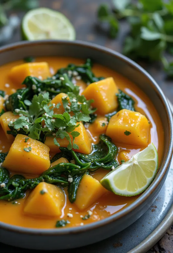 Curry de abóbora com espinafre servido