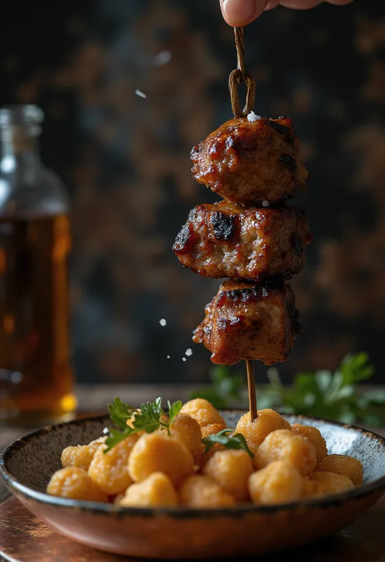 Espetada de carne bovina e folha de louro, espetos grelhados servidos