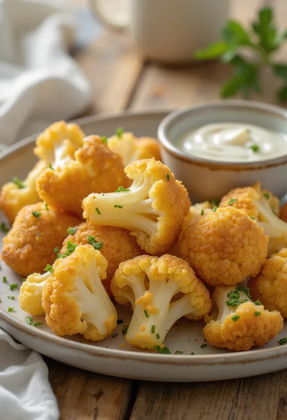 Couve-flor empanada frita dourada, servida crocante