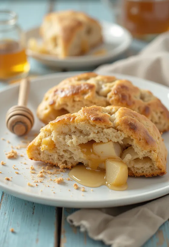Scone de maçã assada e mel servido