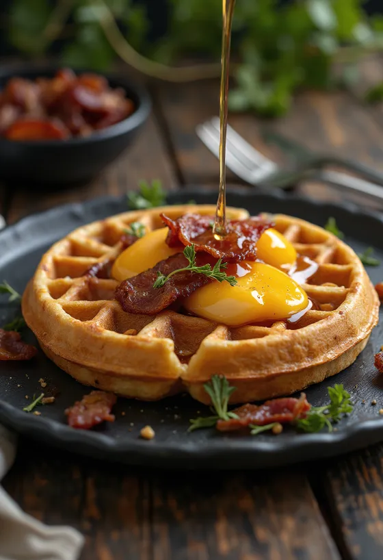 Waffle com bacon servido