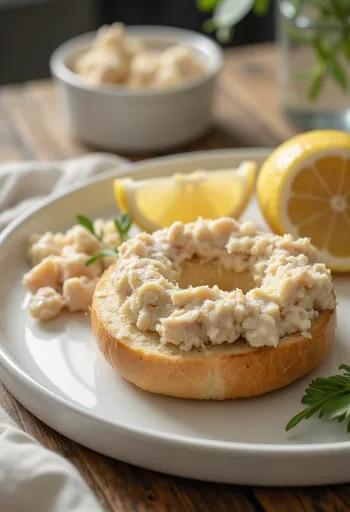 Bagel com patê de atum e cream cheese, decorado com salsinha fresca