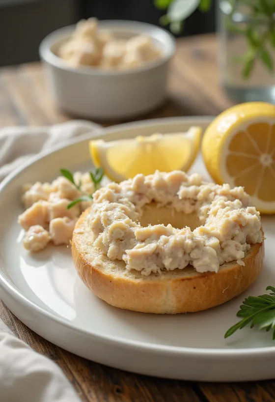 Bagel com patê de atum e cream cheese, decorado com salsinha fresca